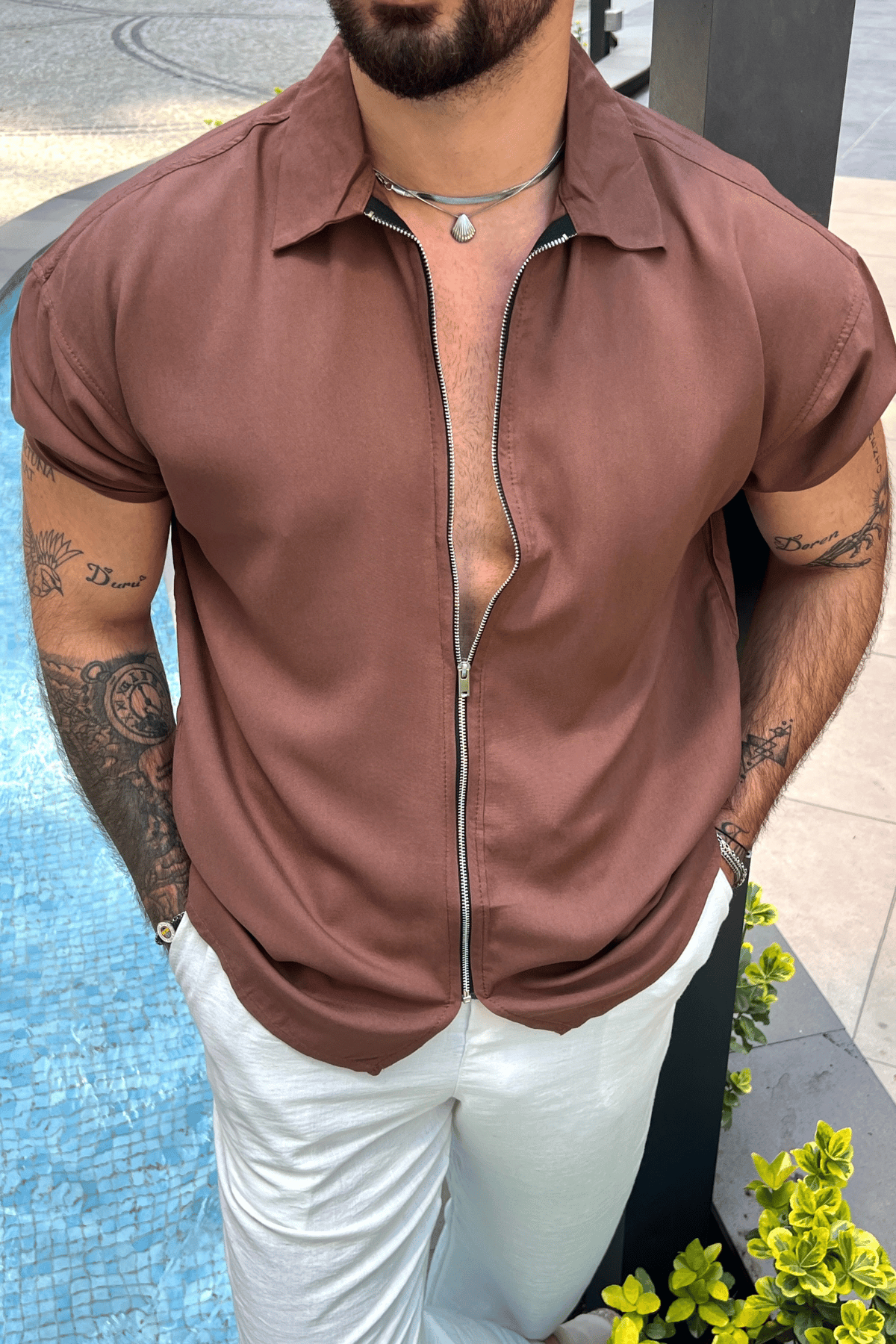 Zippered Short Sleeve Shirt Coffee