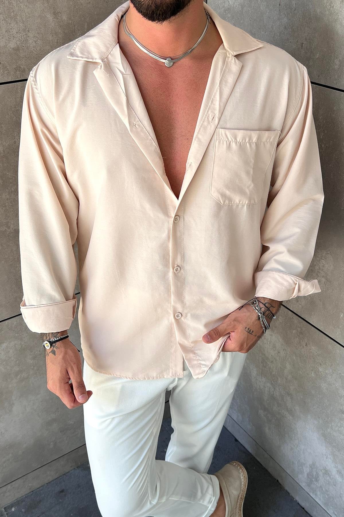 Pocketed Comfortable Fit Shirt Cream