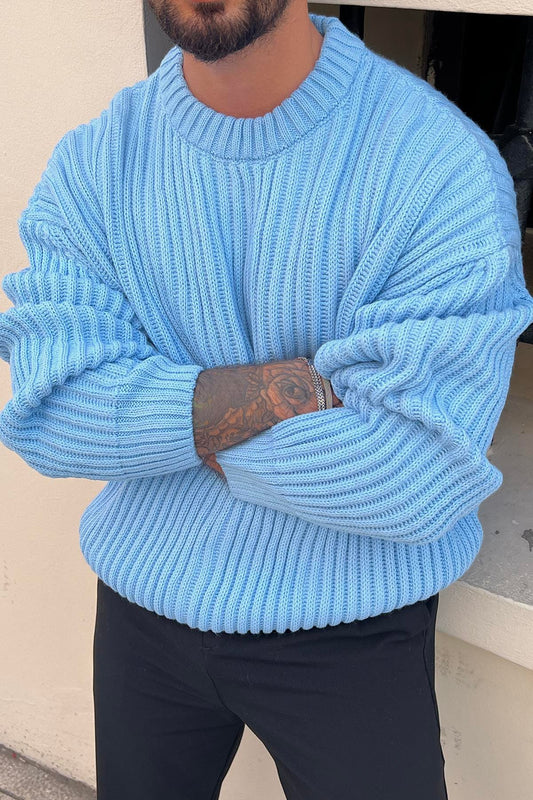 Extra Padded Loose Fit Knitted Sweater Light Blue