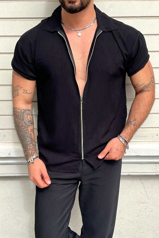 Zippered Short Sleeve Shirt Black