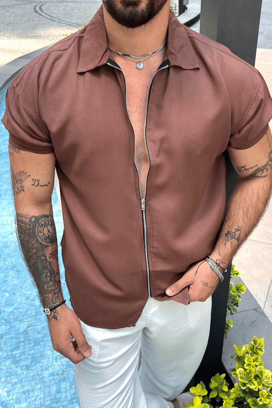 Zippered Short Sleeve Shirt Coffee