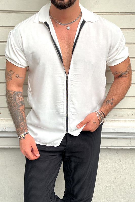 Zippered Short Sleeve Shirt White