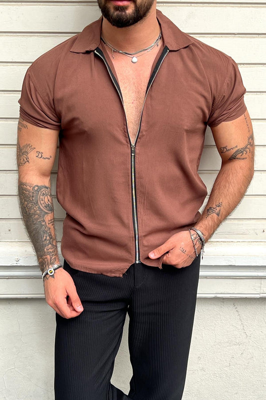 Zippered Short Sleeve Shirt Coffee