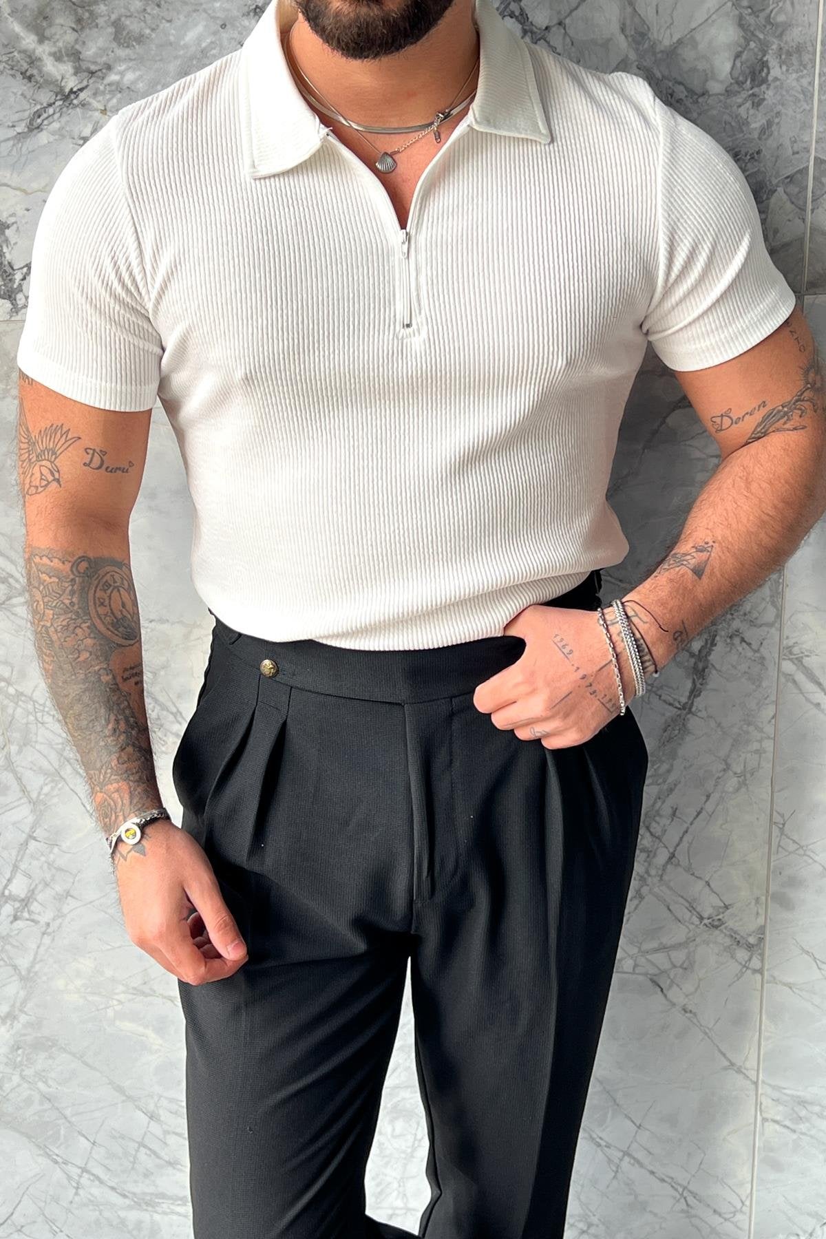 Zippered Slim Polo Collar T-Shirt