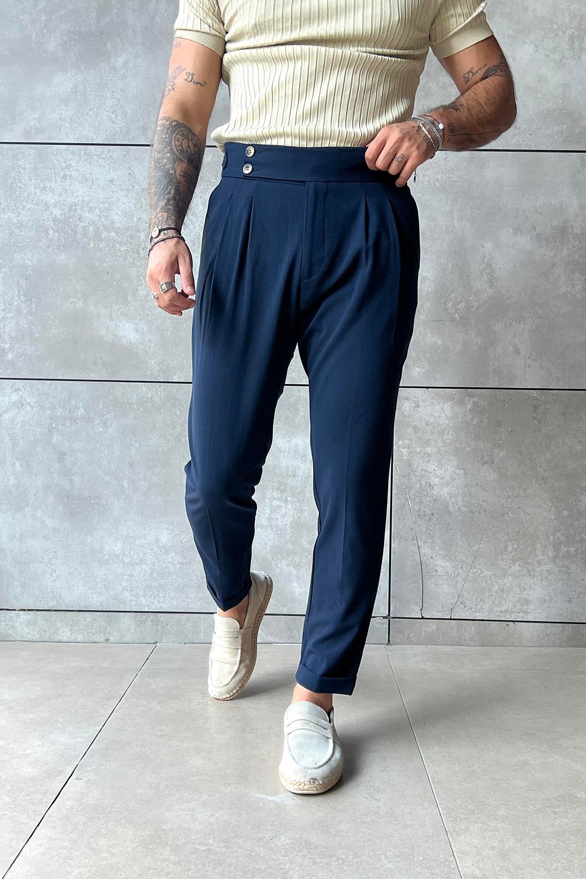 Two-Button Buckle Italian Trousers Navy