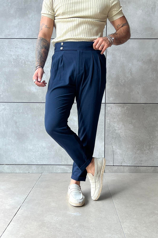 Two-Button Buckle Italian Trousers Navy