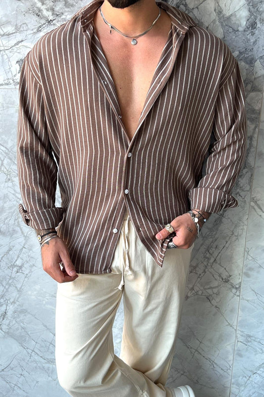 Cotton Blend White Buttoned Striped Oversize Shirt