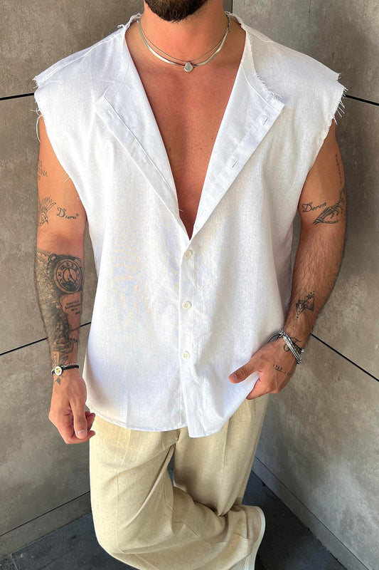 Zero Sleeve Oversize Linen Shirt White