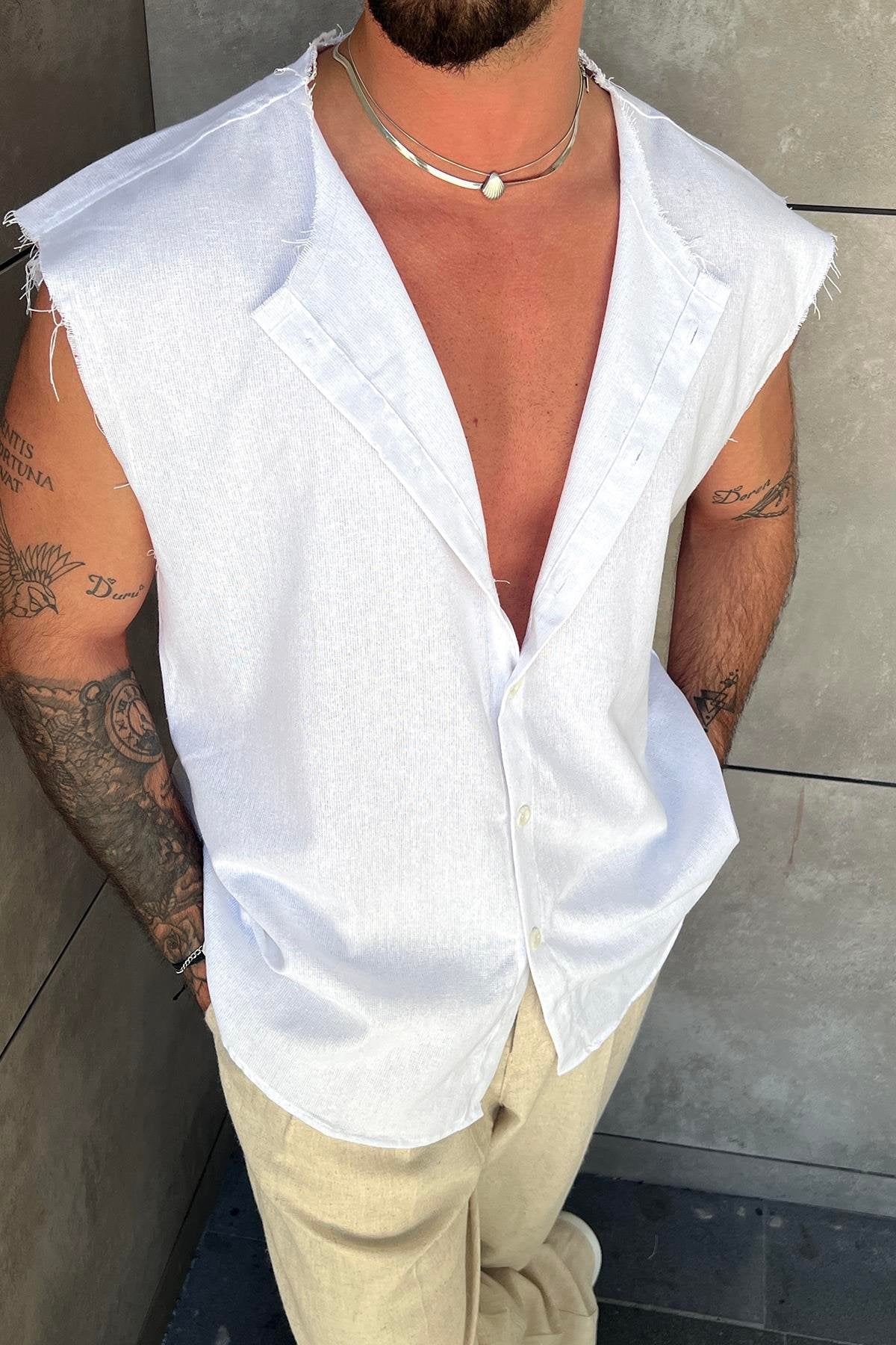 Zero Sleeve Oversize Linen Shirt White