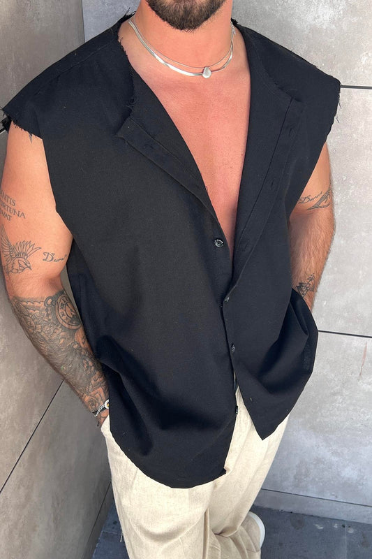 Sleeveless Oversized Linen Shirt Black