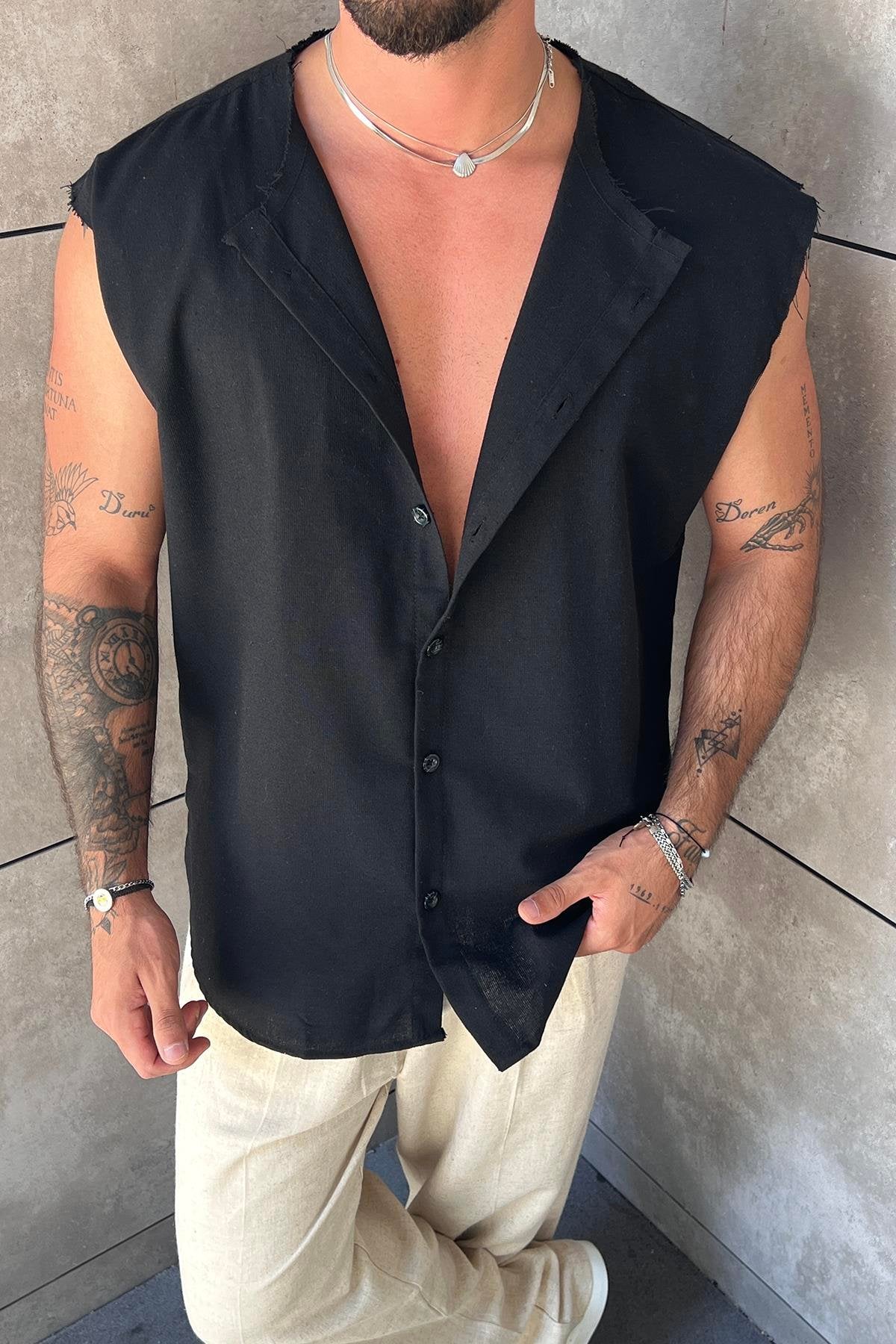 Sleeveless Oversized Linen Shirt Black