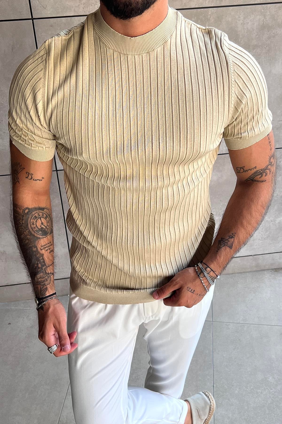 Slimfit Knitted Ribbed T-shirt Cream