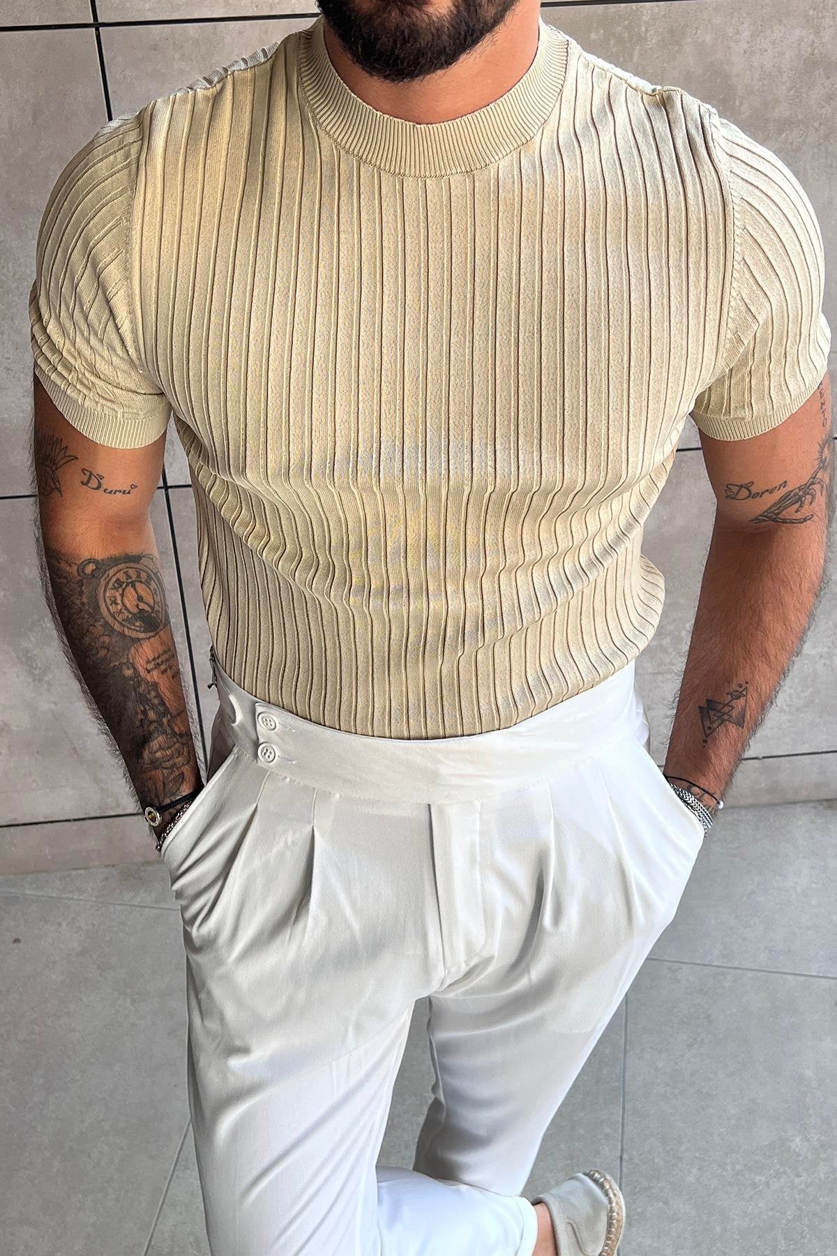 Slimfit Knitted Ribbed T-shirt Cream