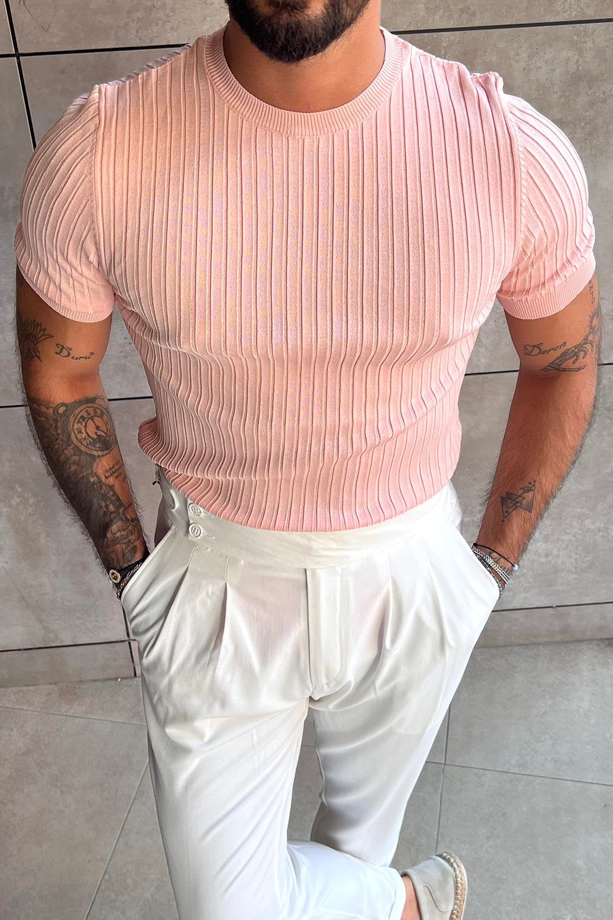 Slimfit Knitted Ribbed T-Shirt Pink