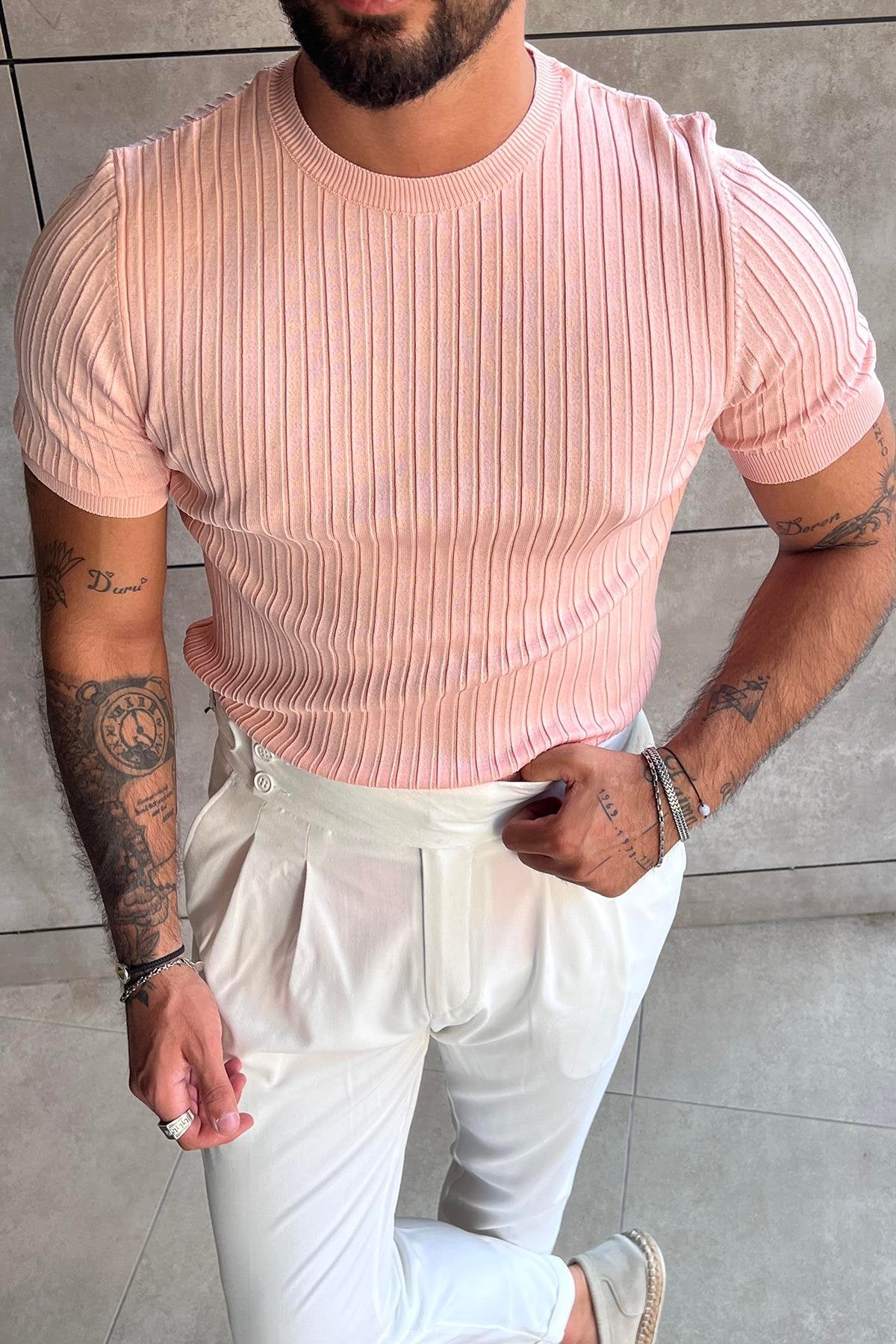 Slimfit Knitted Ribbed T-Shirt Pink