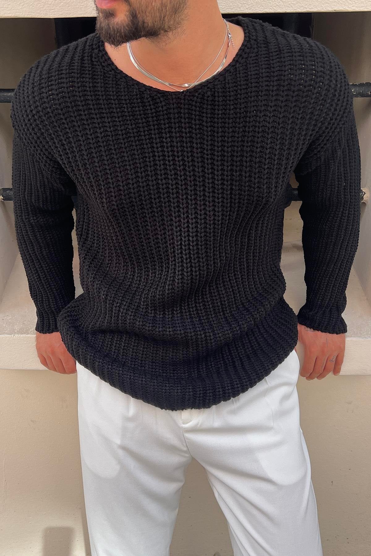 V-Neck Knitted Oversize Sweater Indigo